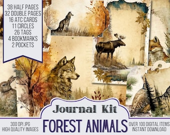May include: A digital collage kit featuring forest animals, including a wolf, a moose, a fox, and a rabbit. The kit includes 38 half pages, 32 double pages, 16 ATC cards, 11 circles, 26 tags, 4 bookmarks, and 2 pockets. The kit is available for instant download.