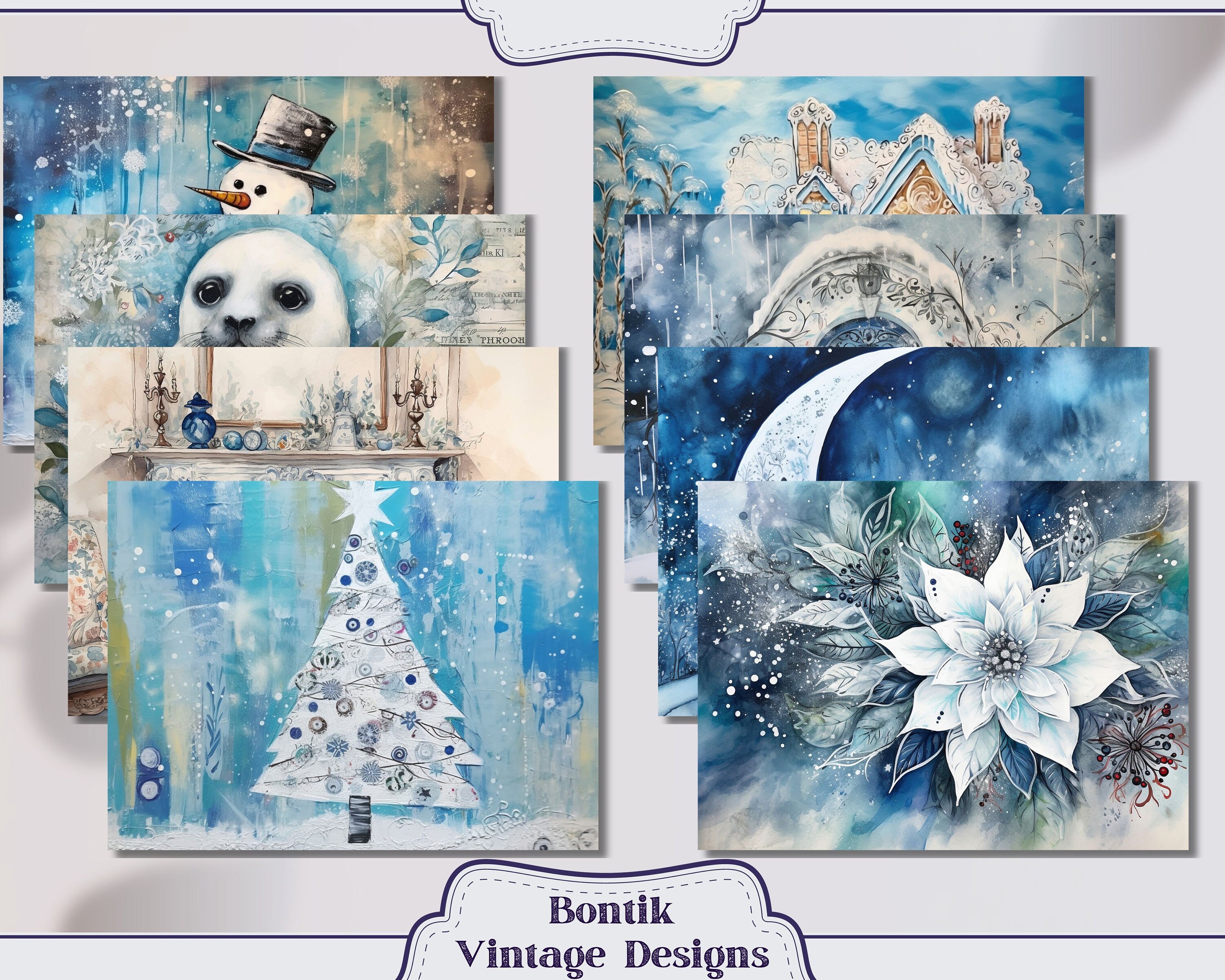 Blue Winter Vintage Junk Journal Double Papers, Scrapbook Supply - 46 ...