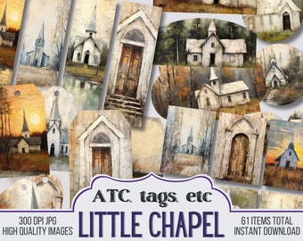 May include: A digital download of 61 printable images featuring a white chapel with a brown door. The images are perfect for crafting, scrapbooking, and other creative projects. The text "ATC. tags. etc LITTLE CHAPEL" is at the bottom of the image.