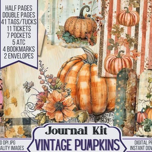 Vintage Pumpkins Fall Junk Journal Kit includes 40 Printable Pages & 81 Autumn Ephemera like Pocket, Tag, ATC available for Instant Download