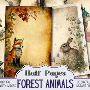 Forest Animals on a Journal Page Vintage Junk Journal Half Papers, Scrapbook Supply - 38 Forest Style Junk Journal Pages, Digital Download