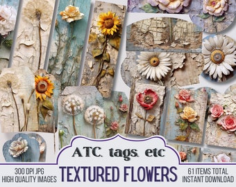 Textured Flowers Junk Journal Ephemera, ATC cards, Tags, Pocket, Circles, Journal Scrapbook Supply - 61 Ephemera - Vintage Pages, Printable