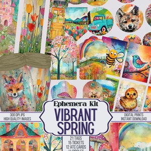 Lebendiges Frühlings Junk Journal Ephemera Dekoratives Kit, Tickets, ATC, Tags, Tasche, Scrapbook Versorgung, 69 digitale Elemente, Digital, Printable