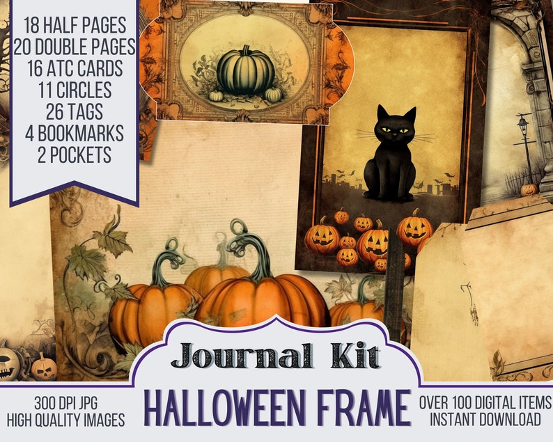 May include: A digital scrapbook kit with a Halloween theme. The kit includes 18 half pages, 20 double pages, 16 ATC cards, 11 circles, 26 tags, 4 bookmarks, and 2 pockets. The kit features images of pumpkins, a black cat, and other Halloween-themed elements. The kit is available for instant download.
