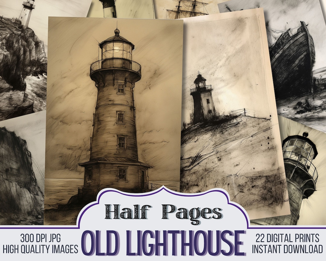 Pencil Drawn Old Lighthouse Vintage Junk Journal Half Papers, Scrapbook ...