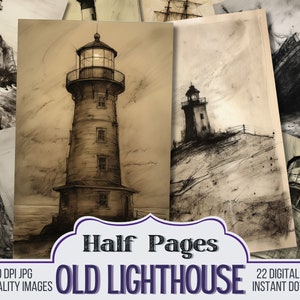 May include: A digital collage of 22 vintage-style illustrations of lighthouses, ships, and seascapes. The images are in black and white and have a textured, aged look. The text "Half Pages OLD LIGHTHOUSE" is at the bottom of the collage.
