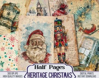 Heritage Christmas Journal Half Papers, Scrapbook Supply - 32 Winter Xmas Junk Journal Pages, Vintage Page, Digital Download