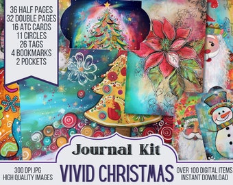 Vivid Christmas Junk Journal Kit Ephemera, ATC, Tags, Pocket, Scrapbook Supply, Christmas, Over 100 Digital Items, Xmas Printable