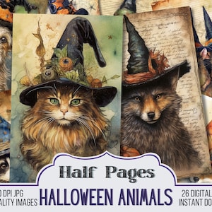 Puede incluir: Un conjunto de 26 impresiones digitales con ilustraciones de acuarela de animales con sombreros de bruja. Los animales incluyen un gato, un zorro, un mapache, un ratón y un perro. Las impresiones son perfectas para decoraciones de Halloween o proyectos de manualidades.  300 DPI JPG IMÁGENES DE ALTA CALIDAD DESCARGA INSTANTÁNEA