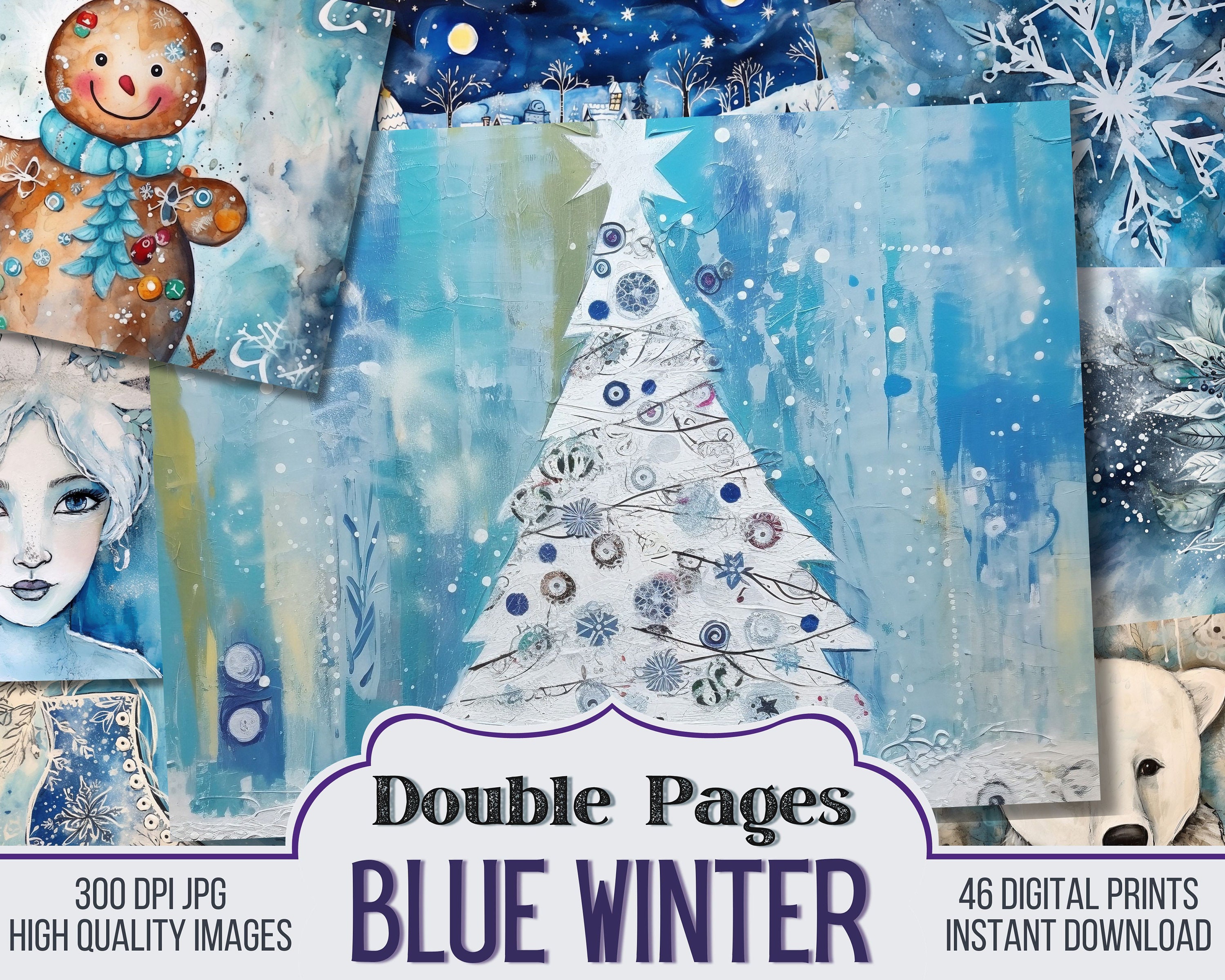 Blue Winter Vintage Junk Journal Double Papers, Scrapbook Supply - 46 ...