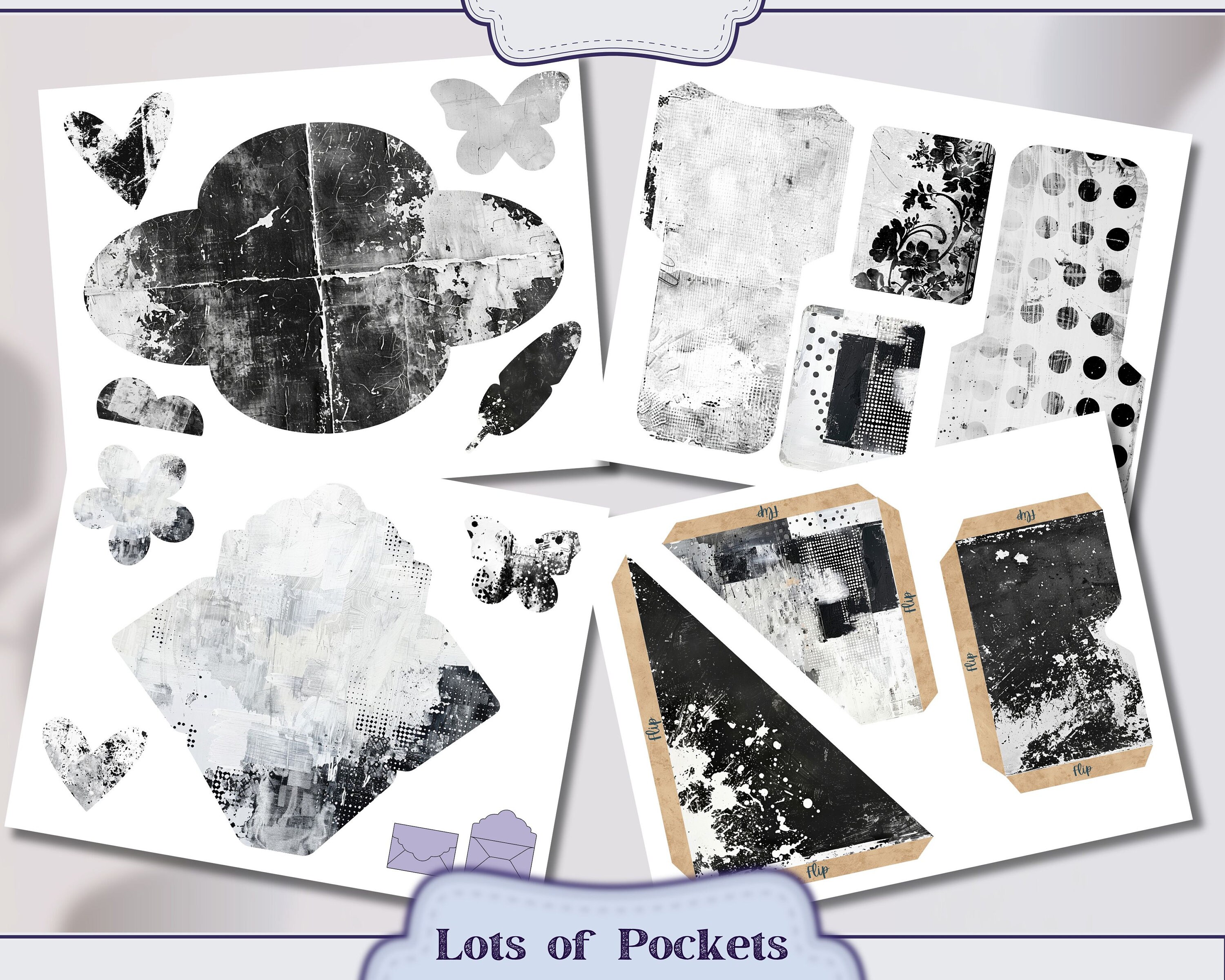 Black and White Grungy Paper Junk Journal Ephemera, ATC Cards, Tags ...