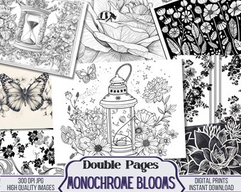 Monochrome Blooms Black and White Junk Journal Digital Double Pages, Decorative Printable Paper, Scrapbooking Supplies, Floral Decoupage Kit