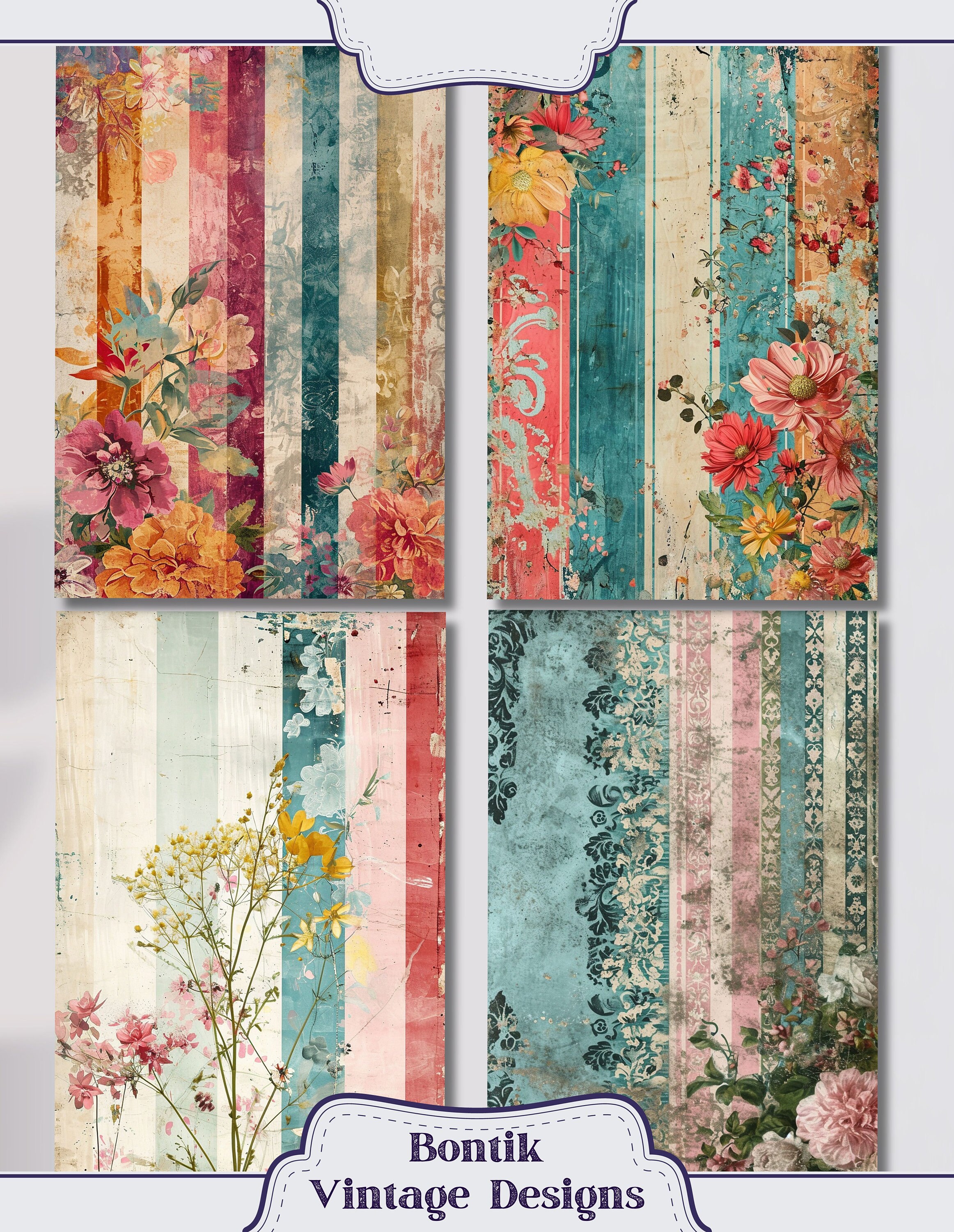 Blank Shabby Striped Paper Junk Journal Half Papers - 26