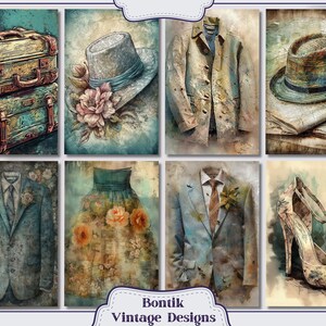 May include: A collage of vintage-inspired illustrations featuring a hat, a jacket, a suitcase, a dress, a shoe, and a suit. The illustrations are painted in a watercolor style with a textured background.