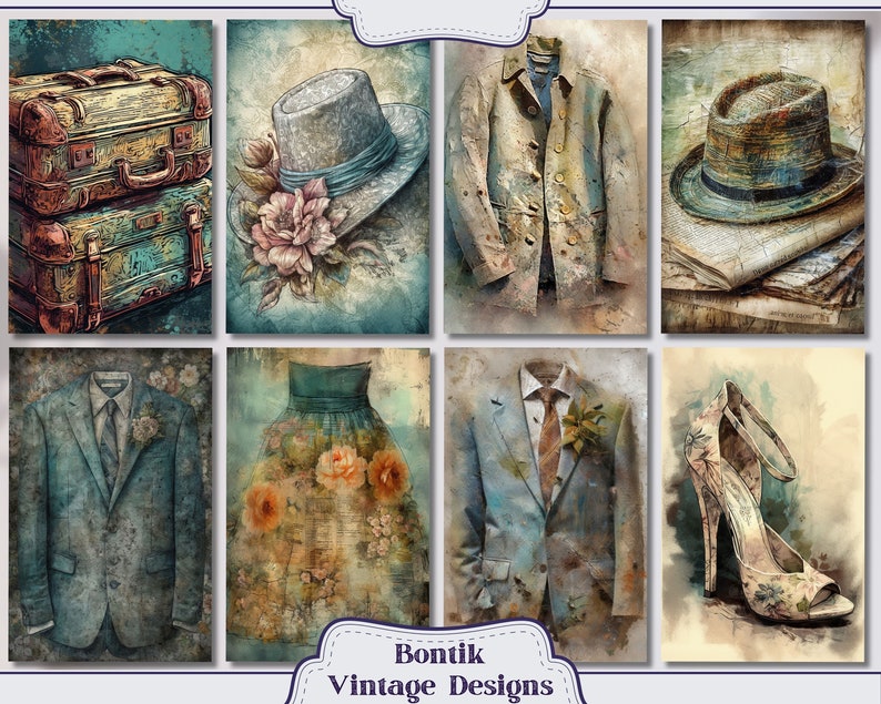 May include: A collage of vintage-inspired illustrations featuring a hat, a jacket, a suitcase, a dress, a shoe, and a suit. The illustrations are painted in a watercolor style with a textured background.