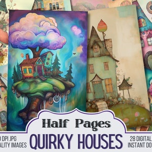 Quirky Houses Junk Journal Half Papers, Suministro de álbumes de recortes, 28 páginas de diario basura caprichosas, Página vintage, Descarga digital, Imprimible