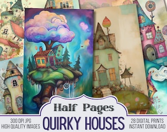 Quirky Houses Junk Journal Half Papers, Scrapbook Supply, 28 Whimsical Junk Journal Pages, Vintage Page, Digital Download, Printable