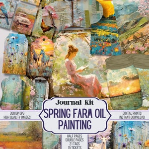 Spring Farm Ölgemälde Junk Journal Kit Ephemera, ATC, Tags, Tasche, Scrapbook Versorgung, über 100 digitale Elemente, Digital, Printable