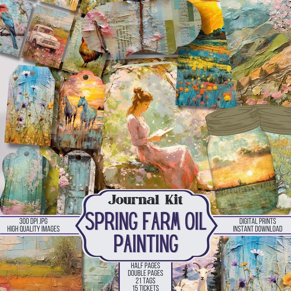 Spring Farm Oil Painting Junk Journal Kit Ephemera, ATC, Tags, Pocket, Scrapbook Supply, Over 100 Digital Items, Digitals, Printable