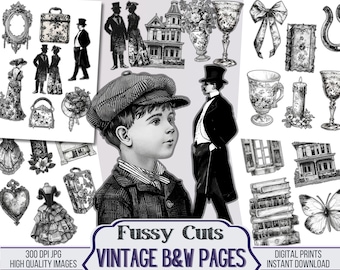 Vintage Black and White Pages Junk Journal Digital Fussy Cut Kit, Printable Clip Art, Scrapbooking Supplies, Floral Clipart PNG