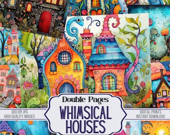 Papeles dobles para diario basura de casas extravagantes, 24 páginas de fondo decorativas imprimibles extravagantes, suministros para álbumes de recortes, descarga digital