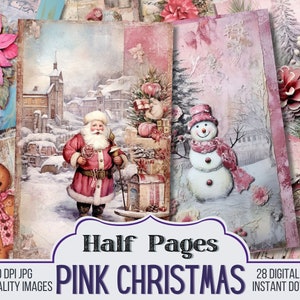 Rosa Weihnachten Junk Journal halbe Papiere, Scrapbook Versorgung - 28 Winter Weihnachten Junk Journal Seiten, Vintage Seite, digitaler Download, printable