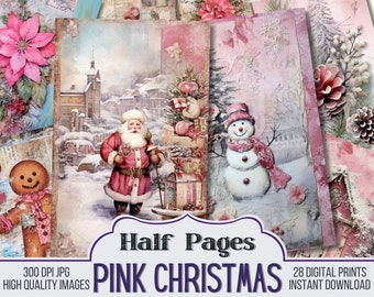 Könnte beinhalten: Digitale Drucke mit einem rosa Weihnachtsthema. Das Bild zeigt den Weihnachtsmann, einen Schneemann und Winterszenen. Der Text "Half Pages" und "Pink Christmas" sind sichtbar. Enthält 28 digitale Drucke.