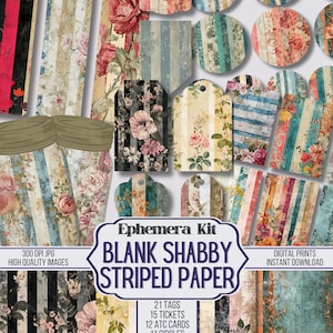 Kit d'éphémères vierges pour carnet de voyage en papier rayé minable, billets, ATC, étiquettes, poche, fourniture de scrapbooking, 69 articles numériques, numériques, imprimable