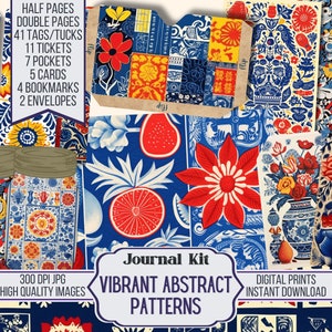 May include: A digital journal kit featuring vibrant abstract patterns in red, blue, and yellow. The kit includes half pages, double pages, tags, tickets, pockets, cards, bookmarks, and envelopes. The image also includes text that says "Vibrant Abstract Patterns" and "Digital Prints Instant Download".