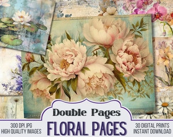 Mixed Flowers Floral Pages Vintage Junk Journal Double Papers, Scrapbook Supply, 30 Floral Junk Journal Page, Vintage Page, Digital Download