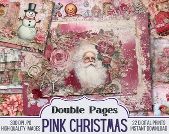 Könnte beinhalten: Eine Collage von digitalen Drucken zum Thema rosa Weihnachten. Das zentrale Bild zeigt den Weihnachtsmann, umgeben von rosa Rosen. Weitere Elemente sind ein Schneemann, ein Lebkuchenmann und der Text "PINK CHRISTMAS" und "DOUBLE PAGES".
