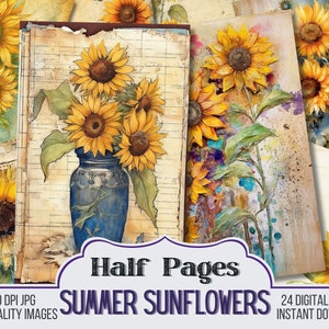 Summer Sunflowers Vintage Junk Journal Half Pages, Journal Scrapbook Supply - 24 Floral Style Junk Journal Pages - Ephemera, Vintage Pages