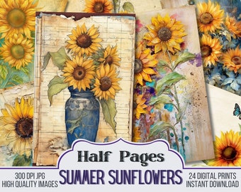 May include: A digital collage of 24 half-page prints featuring watercolour illustrations of sunflowers. The prints are perfect for scrapbooking, card making, and other crafting projects.  300 DPI JPG, High Quality Images, Instant Download.