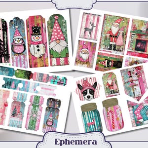 May include: A set of digital printable Christmas tags featuring a variety of festive designs, including a snowman, a gnome, a penguin, a fireplace, a dog, and a Santa Claus. The tags are in a pink, green, and white color scheme.