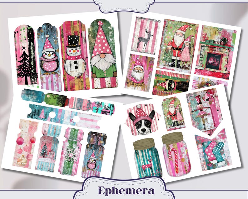 May include: A set of digital printable Christmas tags featuring a variety of festive designs, including a snowman, a gnome, a penguin, a fireplace, a dog, and a Santa Claus. The tags are in a pink, green, and white color scheme.