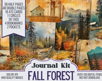 Mixed Media Fall Forest Junk Journal Kit Ephemera, ATC, Tags, Pocket, Scrapbook Supply, Fall Pages, Over 100 Digital Items, 86 Journal Pages