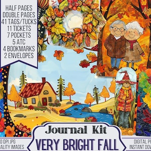 Very Bright Fall Junk Journal Kit includes 40 Printable Pages & 81 Autumn Ephemera and 8 Fussy Cut Sheets available for Instant Download