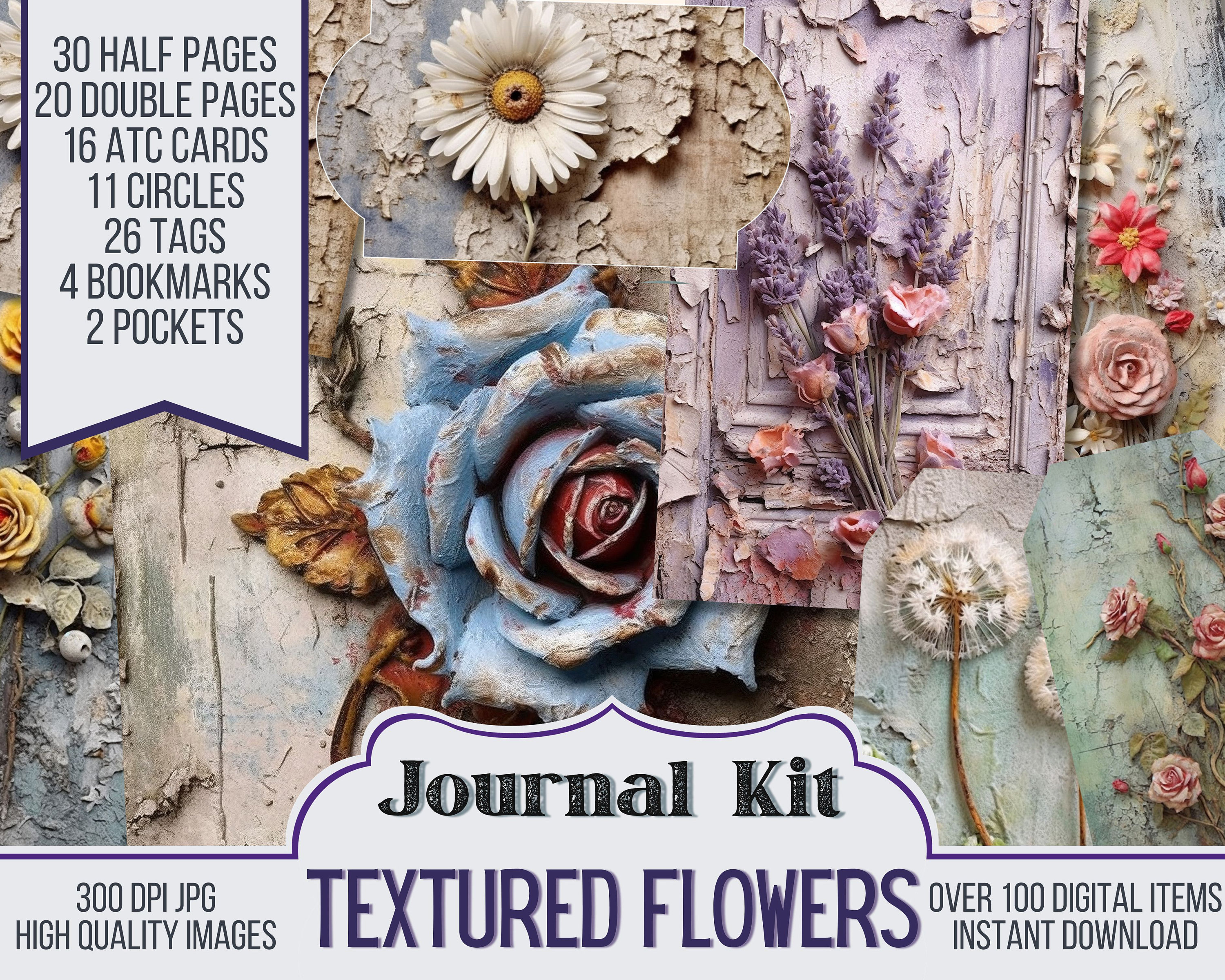 Textured Flowers Junk Journal Kit Ephemera, ATC, Tags, Pocket, Scrapbook Supply, Floral Pages, Over 100 Digital Items, Printable Journal Kit