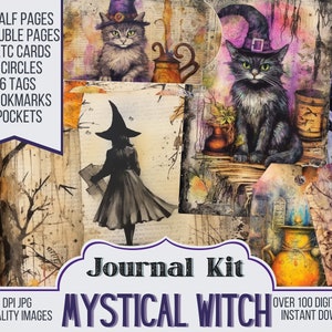 Mystical Witch Junk Journal Kit Ephemera, ATC, Tags, Pocket, Scrapbook Supply, Halloween Pages, Over 100 Digital Items, 38 Journal Pages