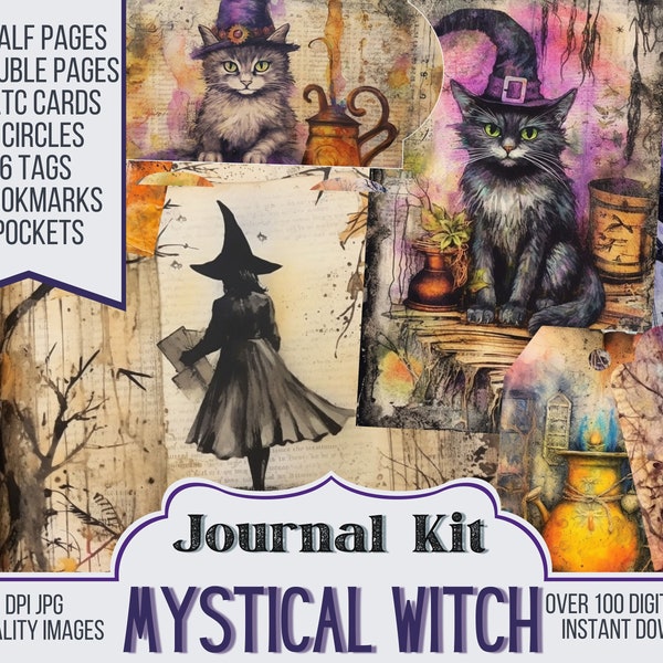 Mystical Witch Junk Journal Kit Ephemera, ATC, Etiquetas, Bolsillo, Suministro de álbumes de recortes, Páginas de Halloween, Más de 100 artículos digitales, 38 páginas de diario