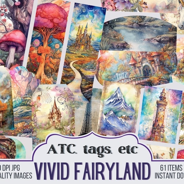 Vivid Fairyland Junk Journal Ephemera, ATC cards, Tags, Pocket, Circles, Scrapbook Supply, 61 Travel Style Ephemera, Vintage Page, Printable