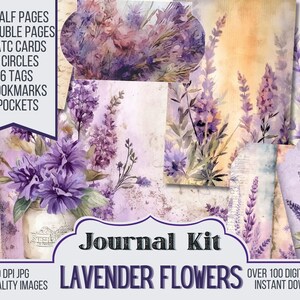 Lavender Flowers Junk Journal Kit Ephemera, ATC, Tags, Pocket, Scrapbook Supply, Summer Vibe Pages, Over 100 Digital Items, 38 Journal Pages