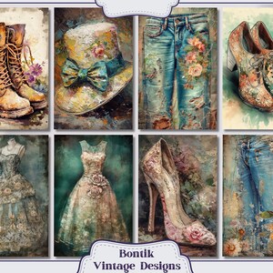 May include: A collage of vintage-inspired illustrations featuring a pair of brown leather boots, a hat with a blue bow, a pair of blue jeans with floral embroidery, a pair of floral patterned high-heeled shoes, a blue and brown dress, a floral patterned high-heeled shoe, and a pair of blue jeans with floral embroidery. The illustrations are painted in a watercolor style and have a distressed, vintage look.