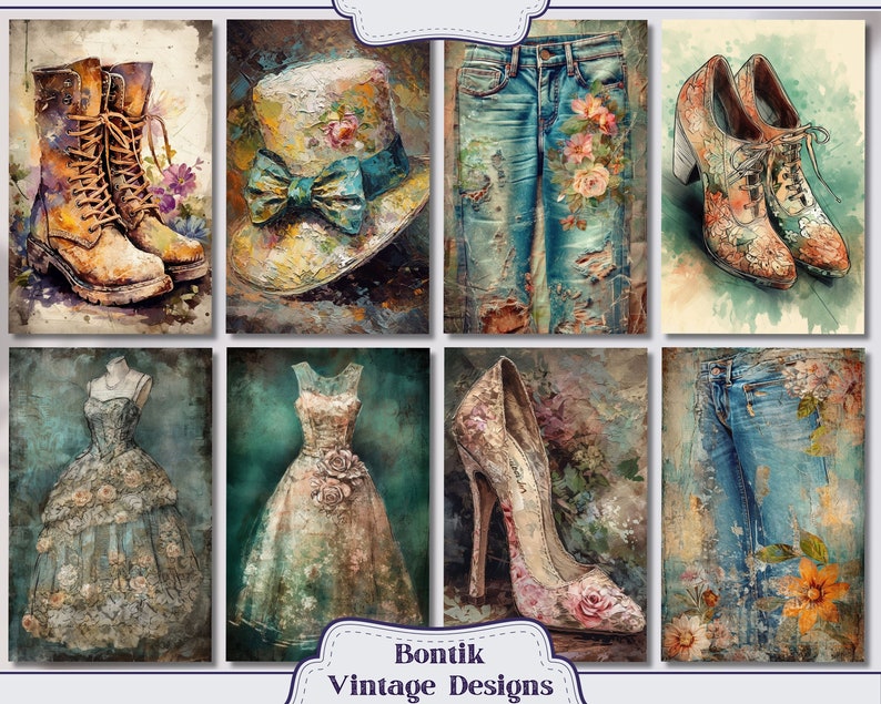 May include: A collage of vintage-inspired illustrations featuring a pair of brown leather boots, a hat with a blue bow, a pair of blue jeans with floral embroidery, a pair of floral patterned high-heeled shoes, a blue and brown dress, a floral patterned high-heeled shoe, and a pair of blue jeans with floral embroidery. The illustrations are painted in a watercolor style and have a distressed, vintage look.