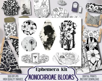 Monochrome Blooms Black and White Junk Journal Digital Ephemera Kit, Tickets, ATC, Tag, Pocket, Scrapbook Supply, 81 Printable Digital Items
