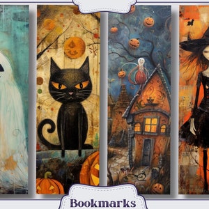 K&ouml;nnte beinhalten: Vier Halloween-gepr&auml;gte Lesezeichen mit einem Geist, einer schwarzen Katze, einem Haus mit einer Hexe und einer Hexe mit einem schwarzen Kleid und Hut.