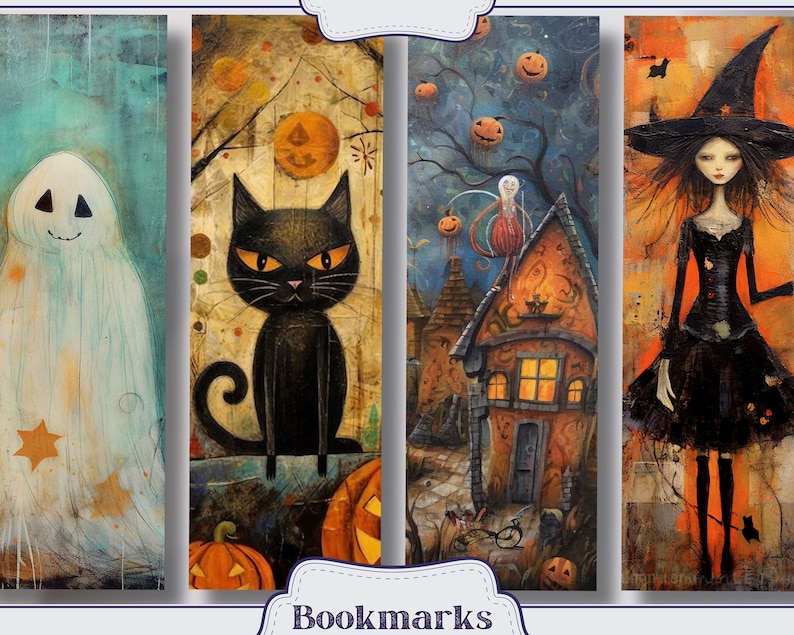 K&ouml;nnte beinhalten: Vier Halloween-gepr&auml;gte Lesezeichen mit einem Geist, einer schwarzen Katze, einem Haus mit einer Hexe und einer Hexe mit einem schwarzen Kleid und Hut.