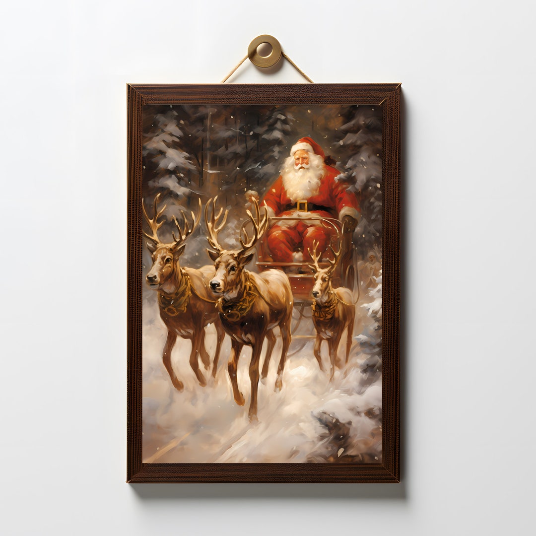 Vintage Santa Wall Art Santa Riding Reindeers Printable Etsy