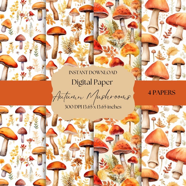 Autumn mushrooms seamless digital paper, high quality digital paper, plants, nature, floral, digital pattern, seamless pattern, watercolor
