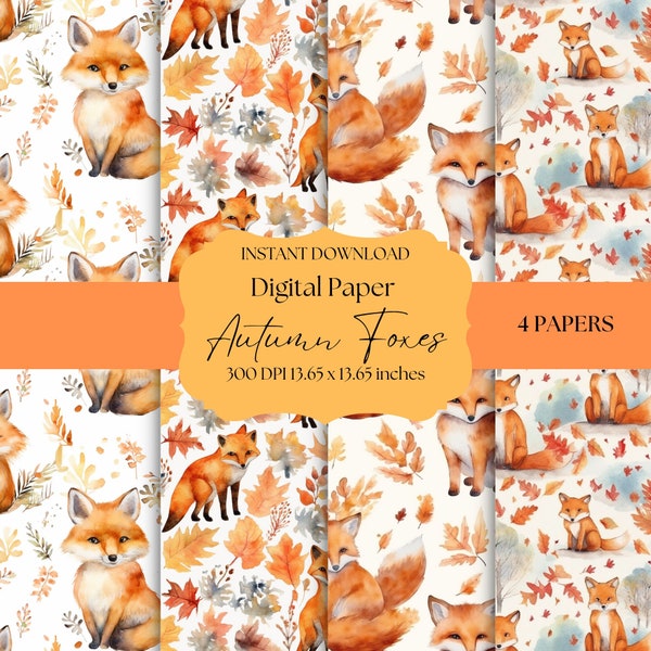 Autumn foxes seamless digital paper, high quality digital paper, animals and flowers, floral, digital pattern, seamless pattern, watercolor